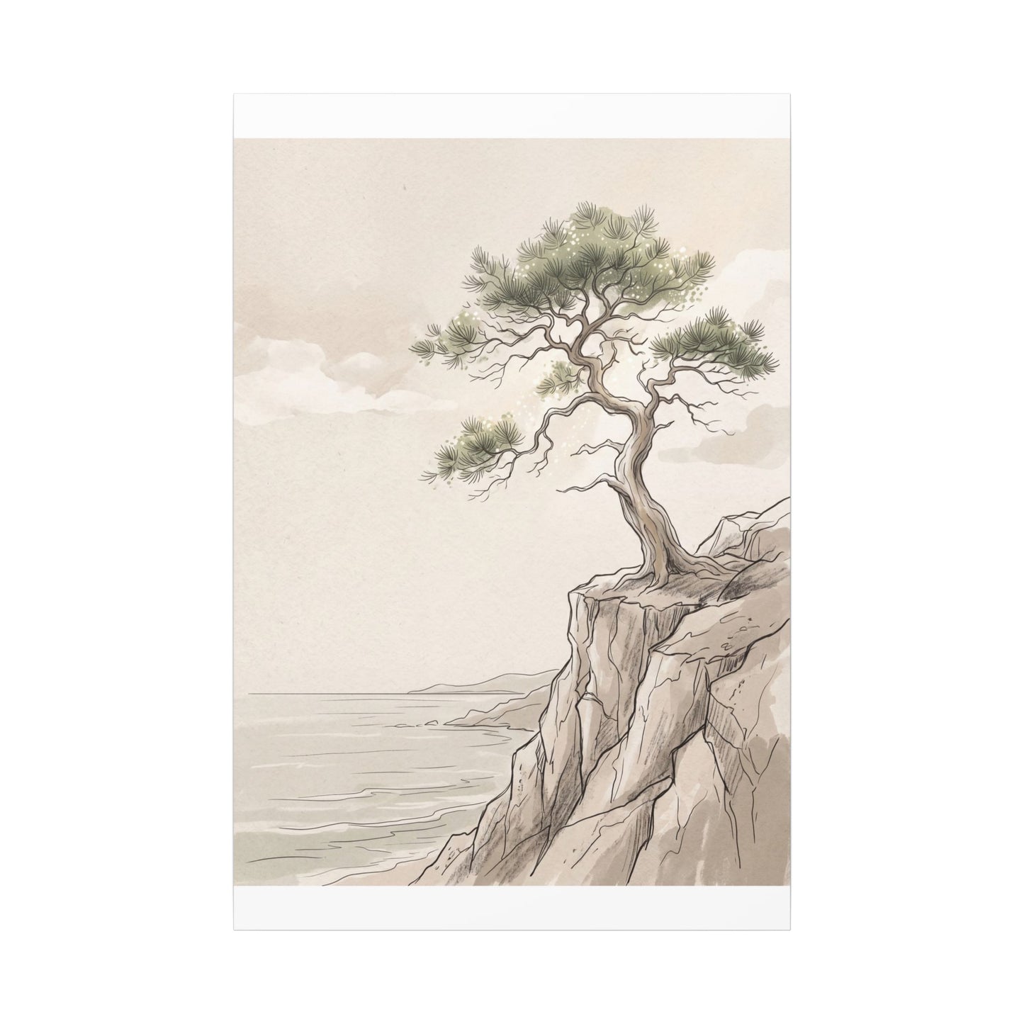 Japandi Pine Tree in Dappled | Minimal Line Canvas Art