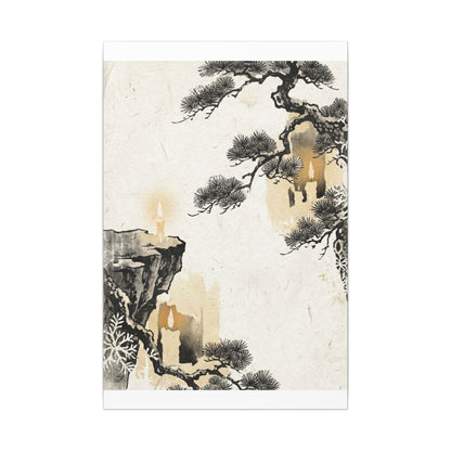 Japandi Pine Tree in Candlelight | Japanese Pattern Canvas Art