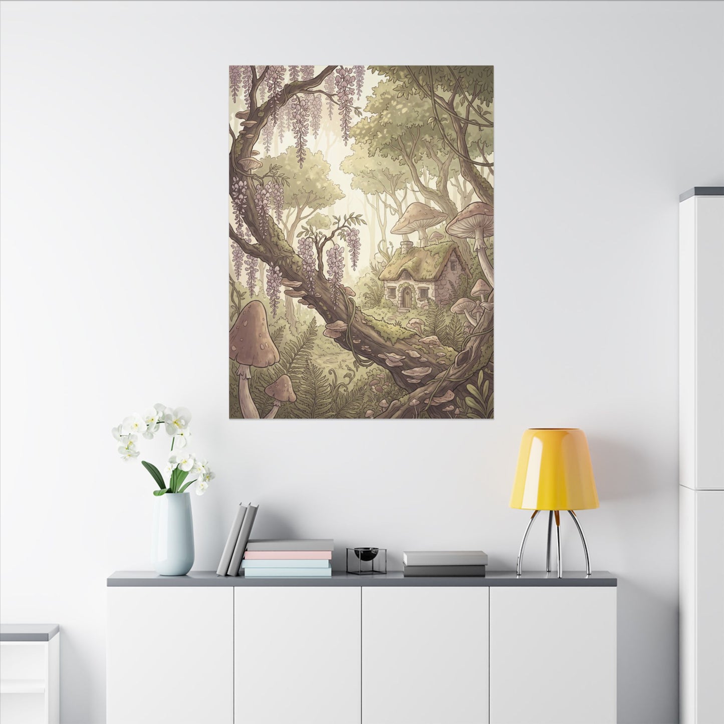 Summer Wisteria Mushroom Illustration Canvas Art | Enchanting Decor