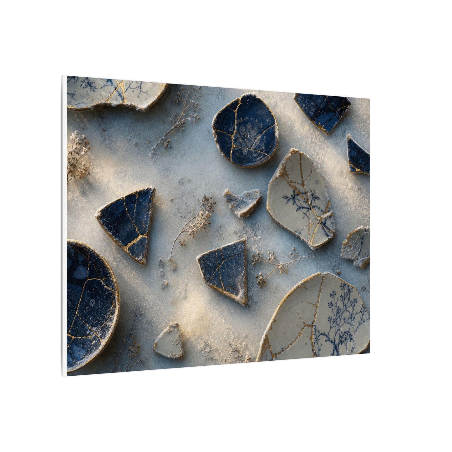 Broken Pottery Canvas Art | Winter Kintsugi Gold Vein Art
