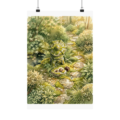 Japandi Stone Lantern in Golden Hour | Watercolor Wall Art Print