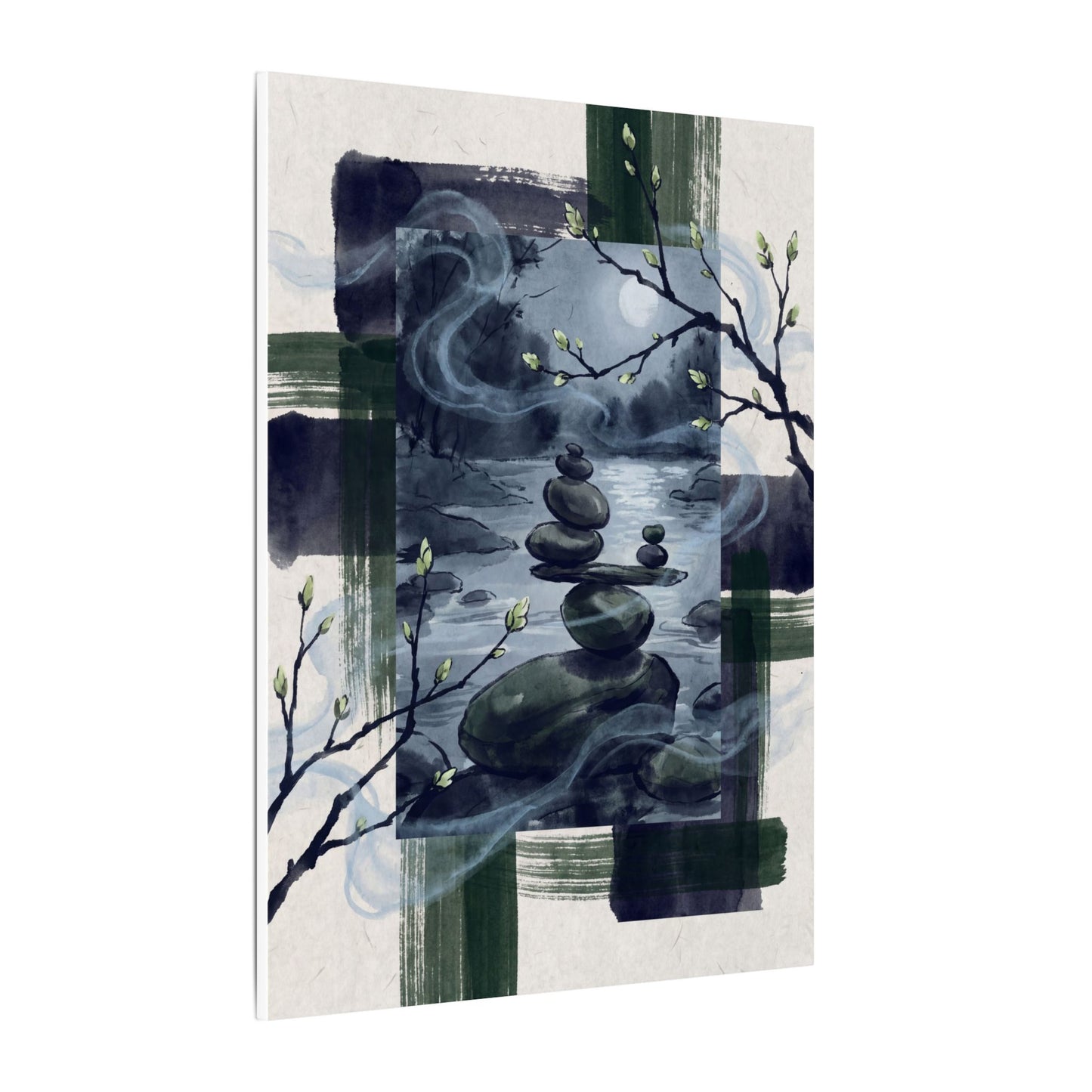 Moonlight River Stones Canvas Art - Zen Shibui