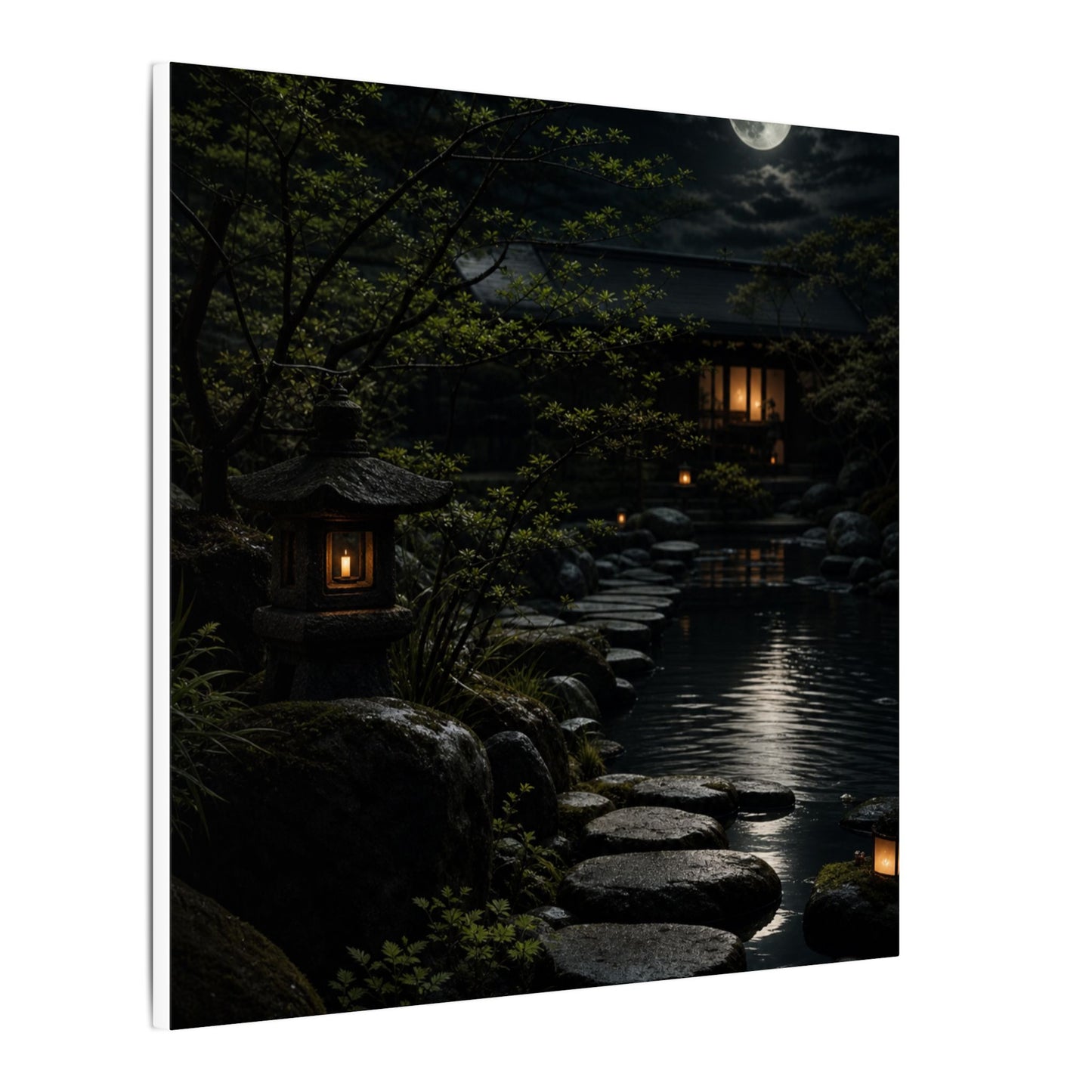Moonlit Garden Shadow Zen Canvas Art | Sophisticated Dark Japandi Art
