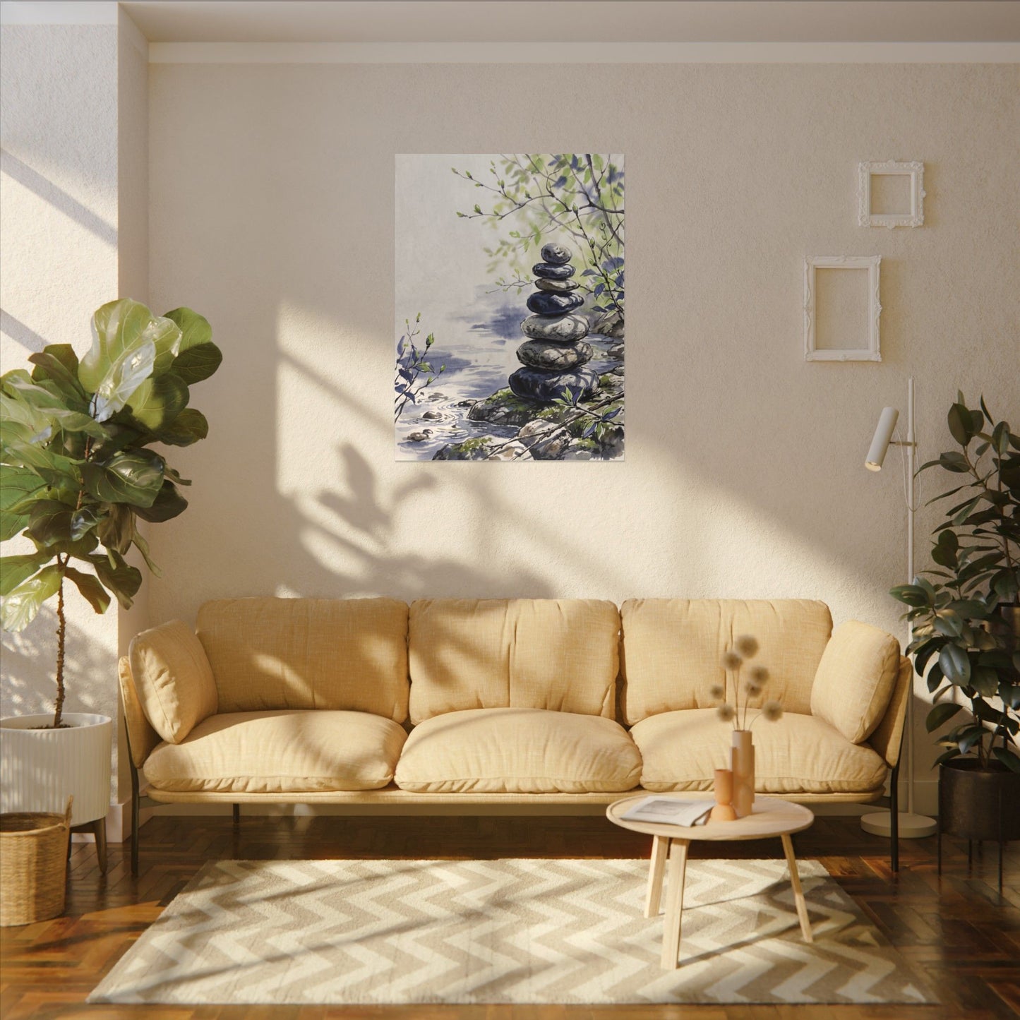 River Stones Sumi E Canvas Art | Serene Zen Art