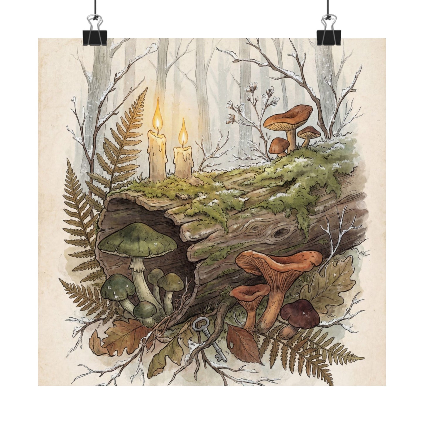 Winter Wild Mushrooms Herbarium Wall Art Print | Rustic Decor Art Print