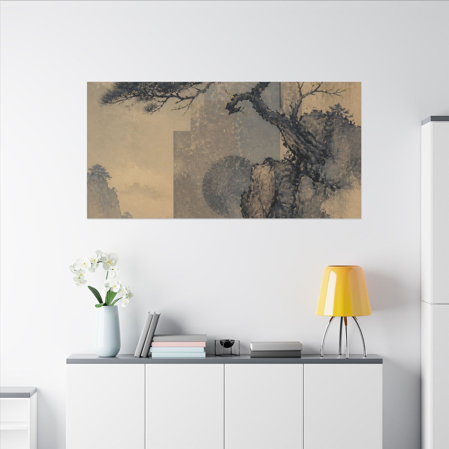 Japandi Pine Tree in Moonlight | Japanese Pattern Canvas Art