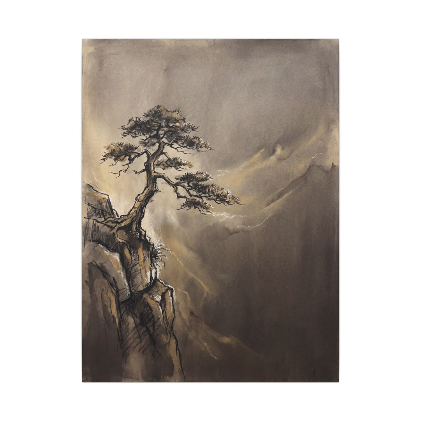 Pine Tree Charcoal Ink Canvas Art | Luxurious Dark Japandi Art