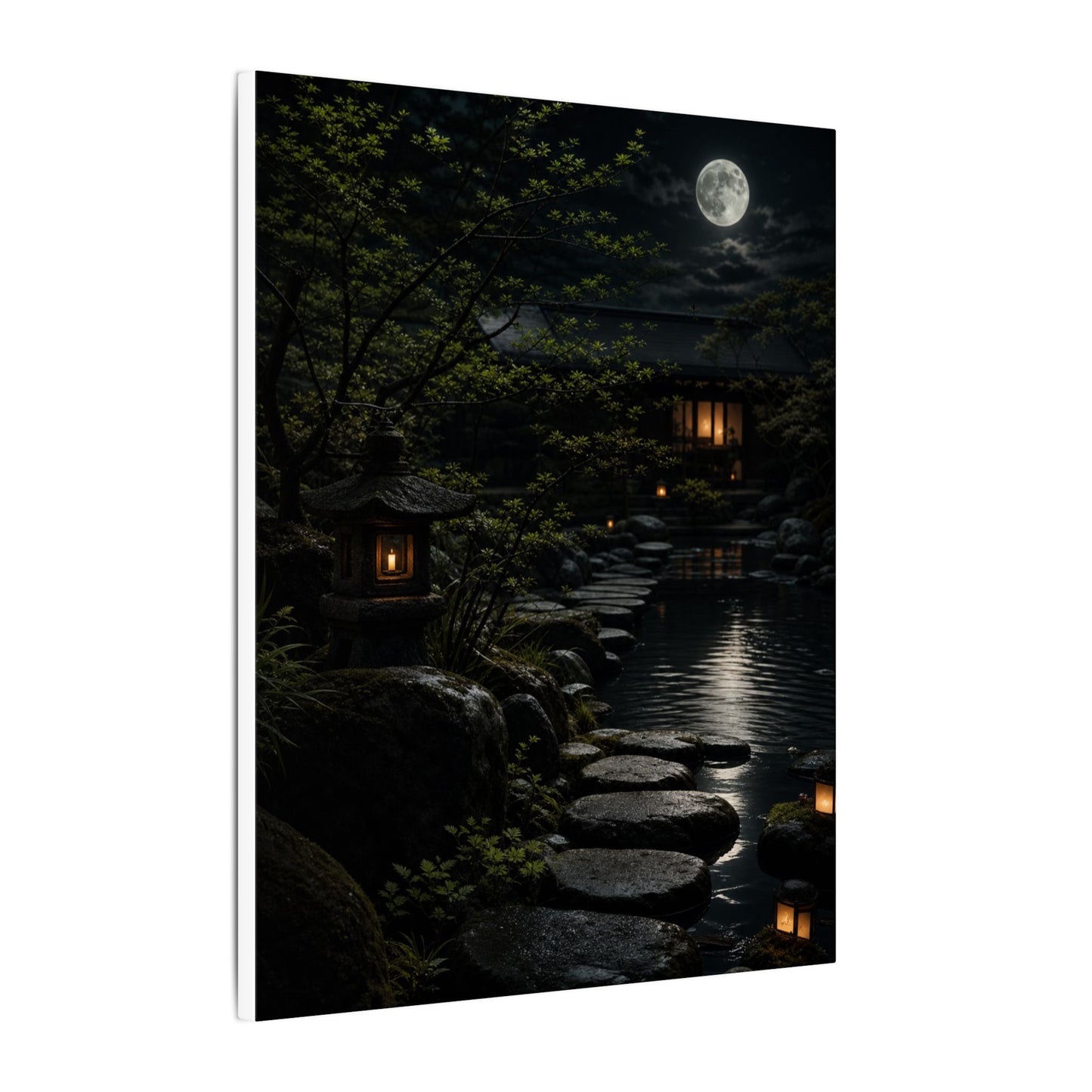 Moonlit Garden Shadow Zen Canvas Art | Sophisticated Dark Japandi Art