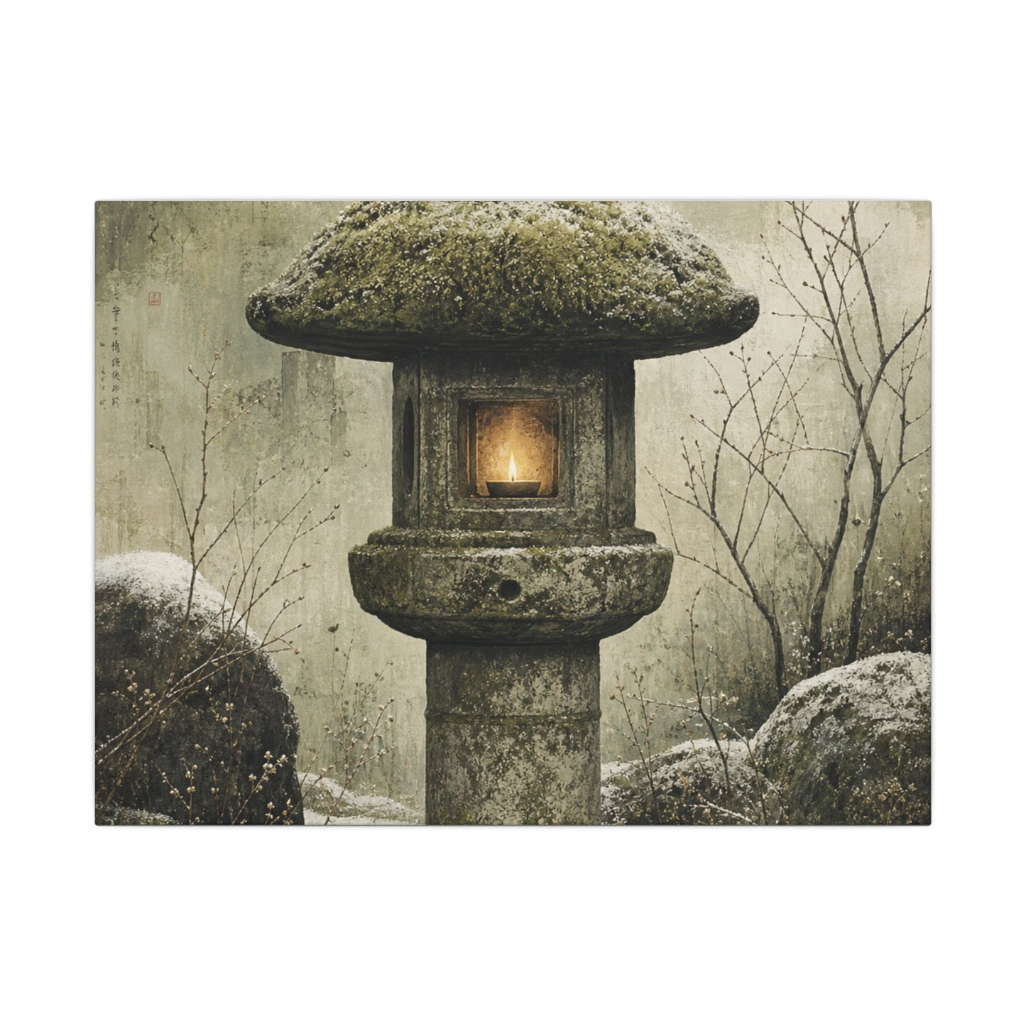 Stone Lantern Winter Canvas Art | Japandi Neutral Design