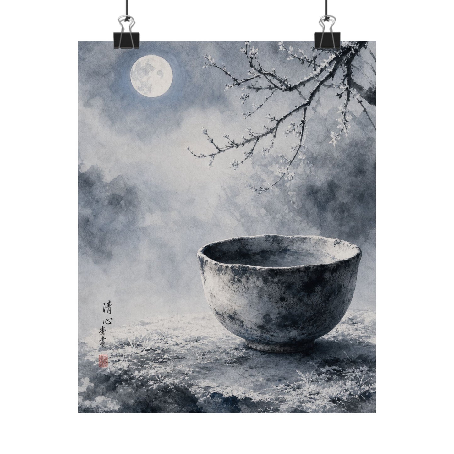 Winter Ceramic Bowl Sumi E Wall Art Print | Tranquil Decor