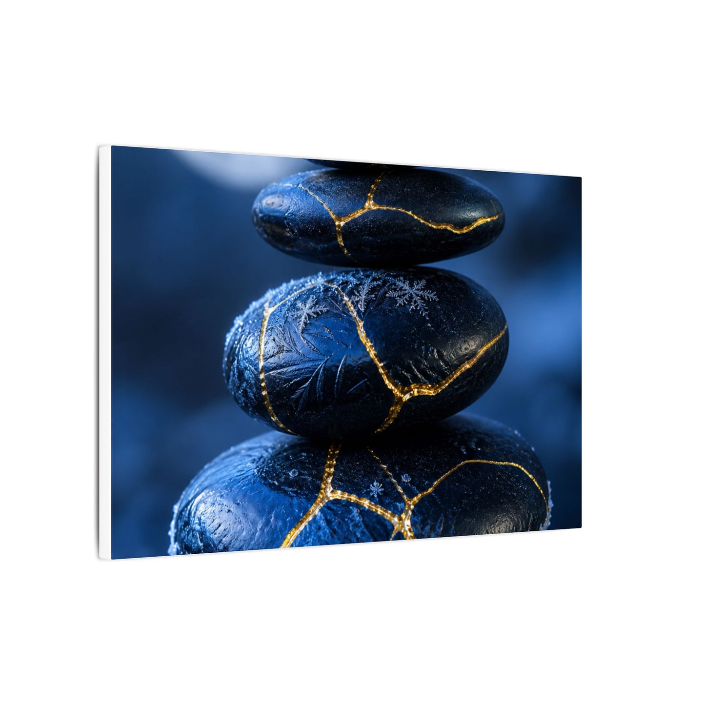 River Stones Canvas Art | Winter Kintsugi Gold Repair Art