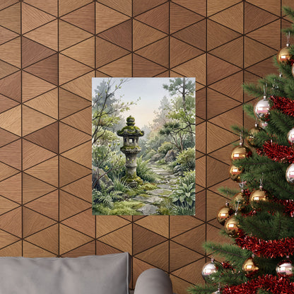 Japandi Stone Lantern in Dawn | Watercolor Wall Art Print