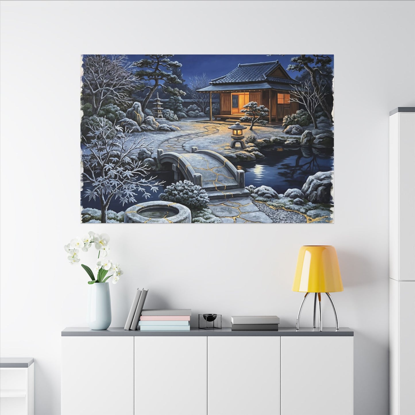 Moonlit Garden Winter Canvas Art | Kintsugi Artful Design
