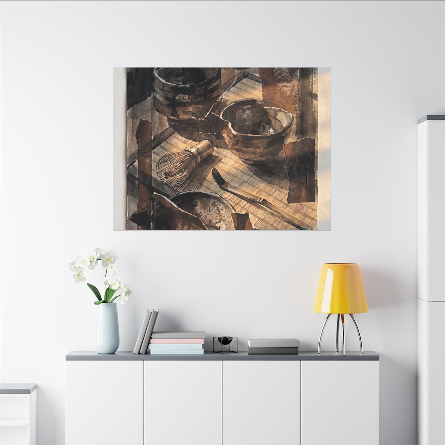 Tea Ceremony Charcoal Ink Canvas Art | Luxurious Dark Japandi Art