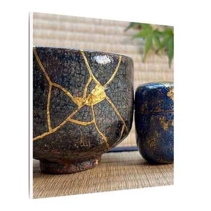 Tea Ceremony Crackle Gold Canvas Art | Philosophical Kintsugi Art