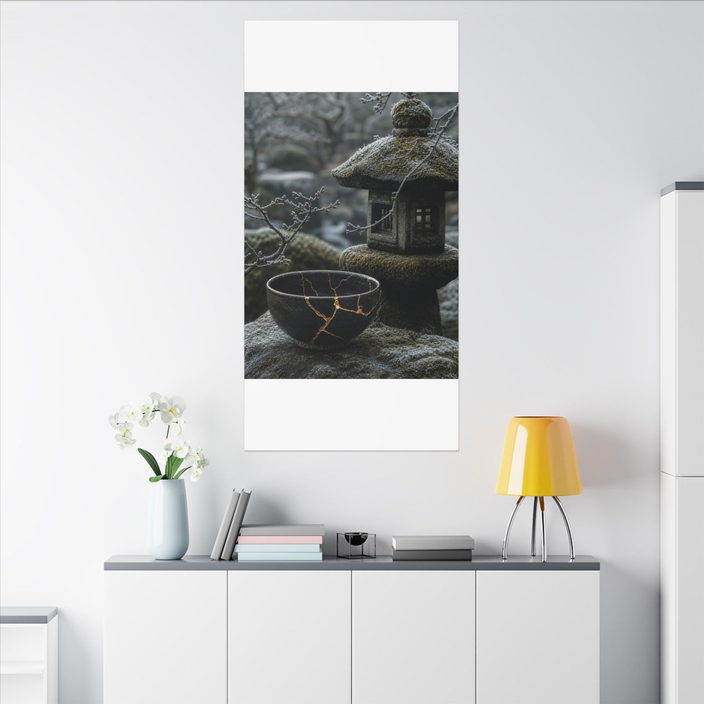 Stone Lantern Canvas Art | Winter Kintsugi Gold Repair Art