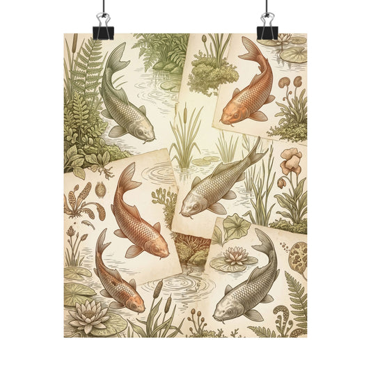 Koi Pond Vintage Botanical Wall Art Print | Cozy Cottagecore Art