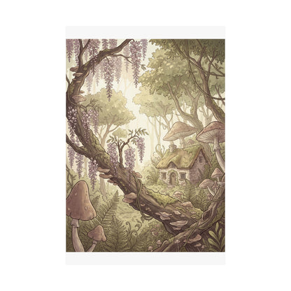 Summer Wisteria Mushroom Illustration Wall Art Print | Rustic Decor