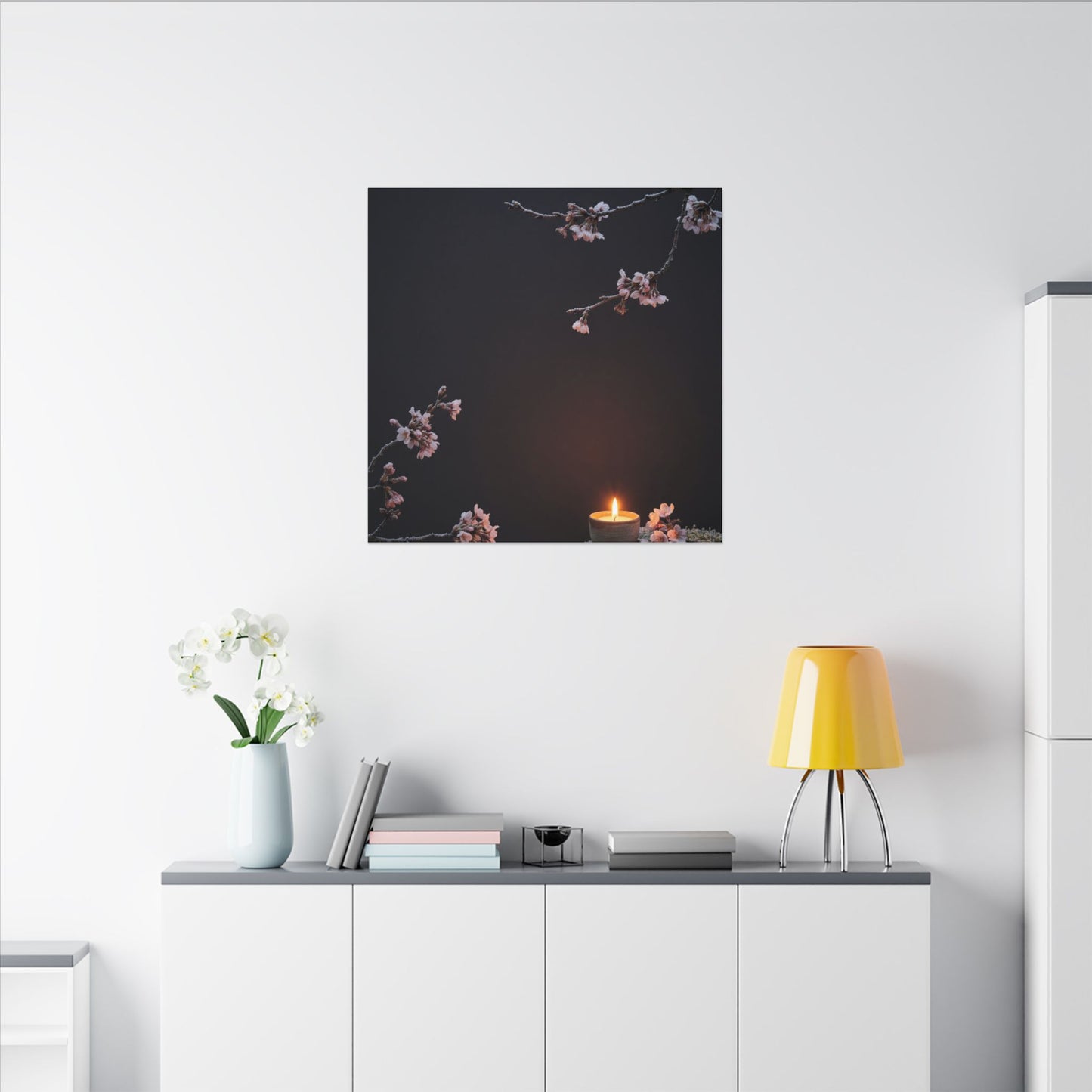 Dark Japandi Cherry Blossom in Candlelight | Moody Minimal Canvas Art