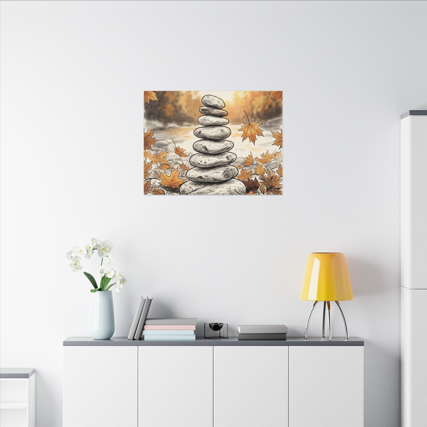 Earthy River Stones Canvas Art - Minimal Line Japandi