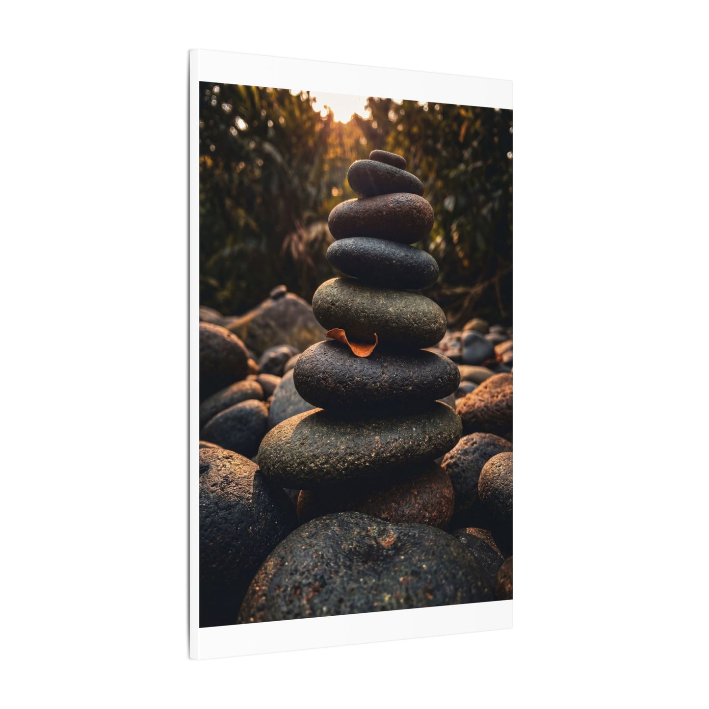 Dark Japandi River Stones in Golden Hour | Moody Minimal Canvas Art