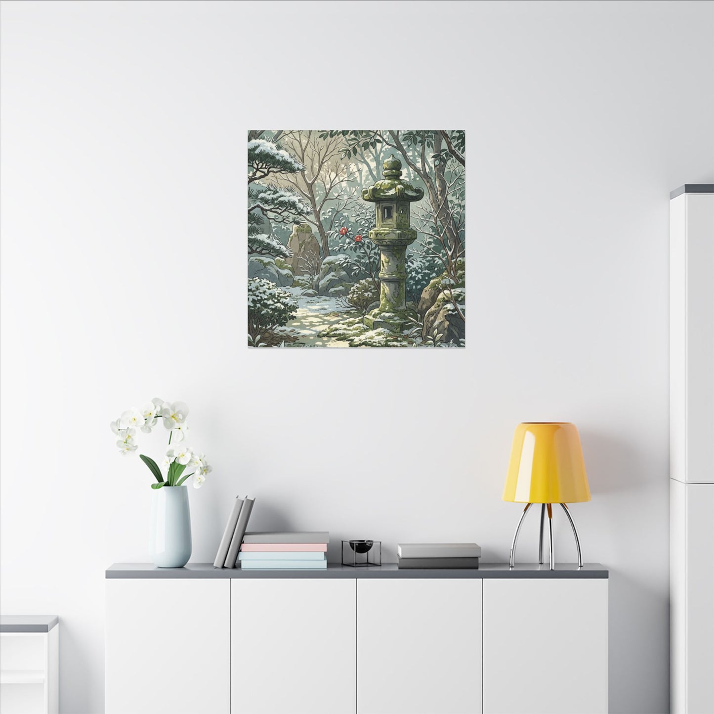 Stone Lantern Winter Canvas Art | Japandi Warm Design