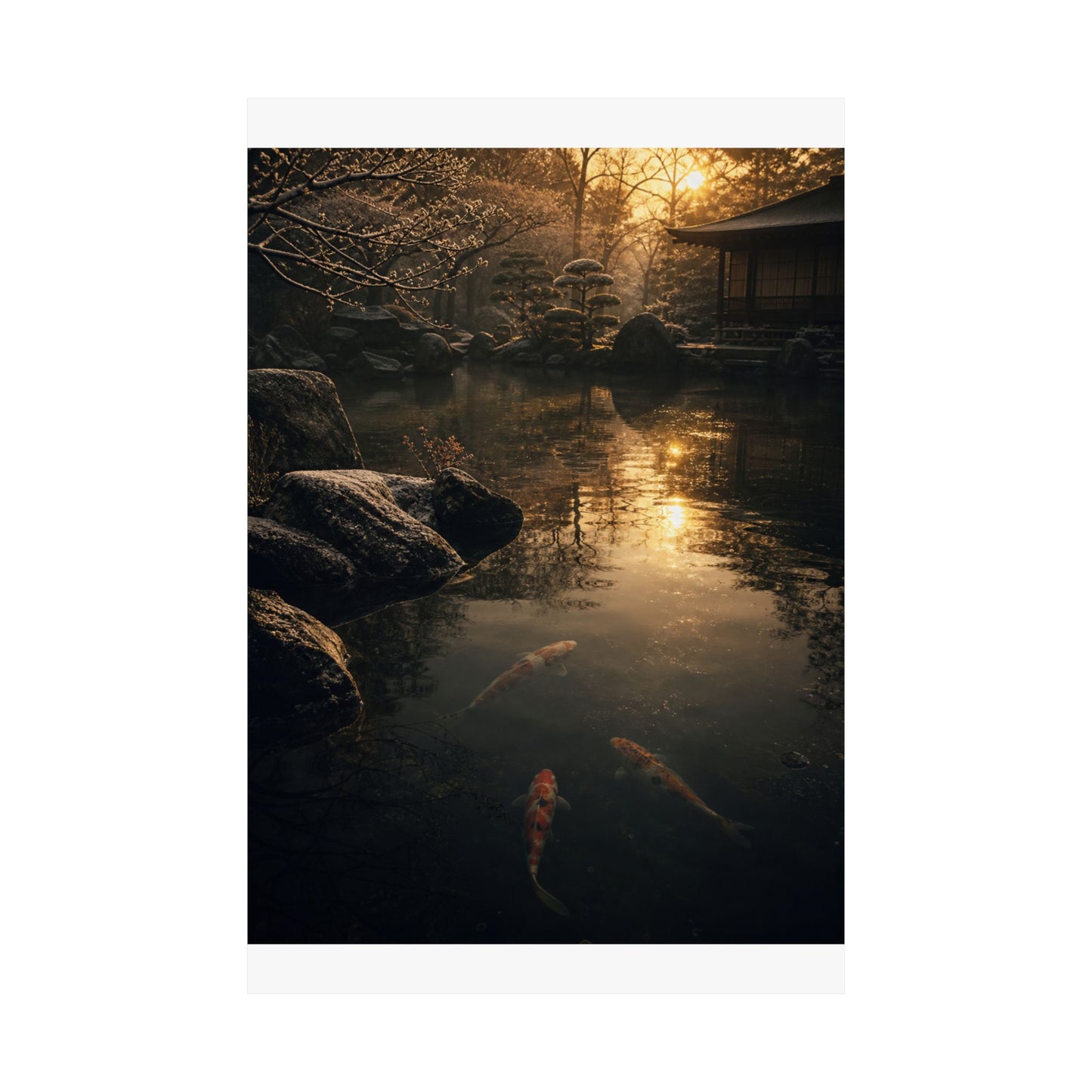 Dark Japandi Koi Pond in Golden Hour | Shadow Zen Wall Art Print