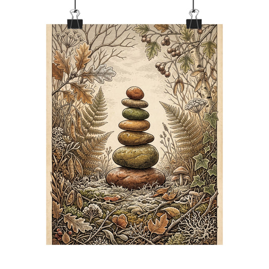 Rustic River Stones Wall Art Print - Vintage Botanical Cottagecore