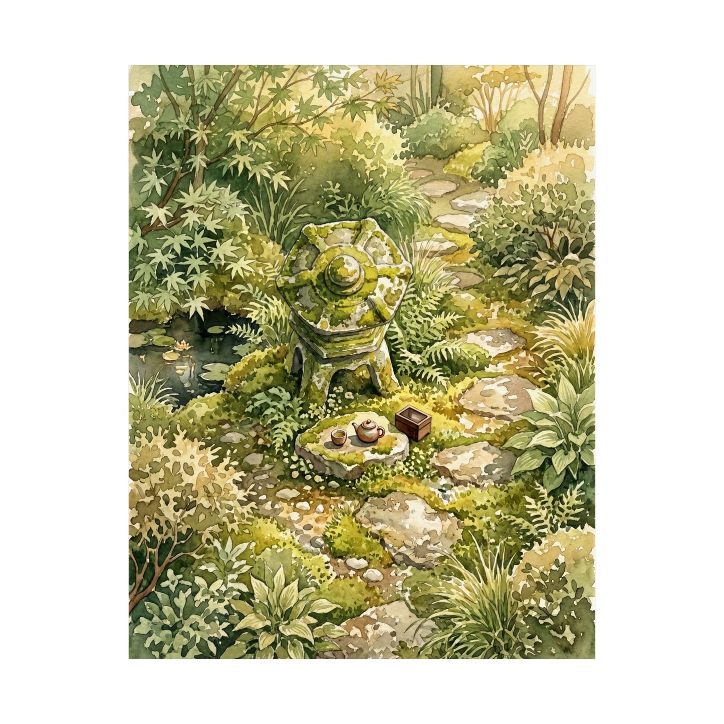 Japandi Stone Lantern in Golden Hour | Watercolor Wall Art Print