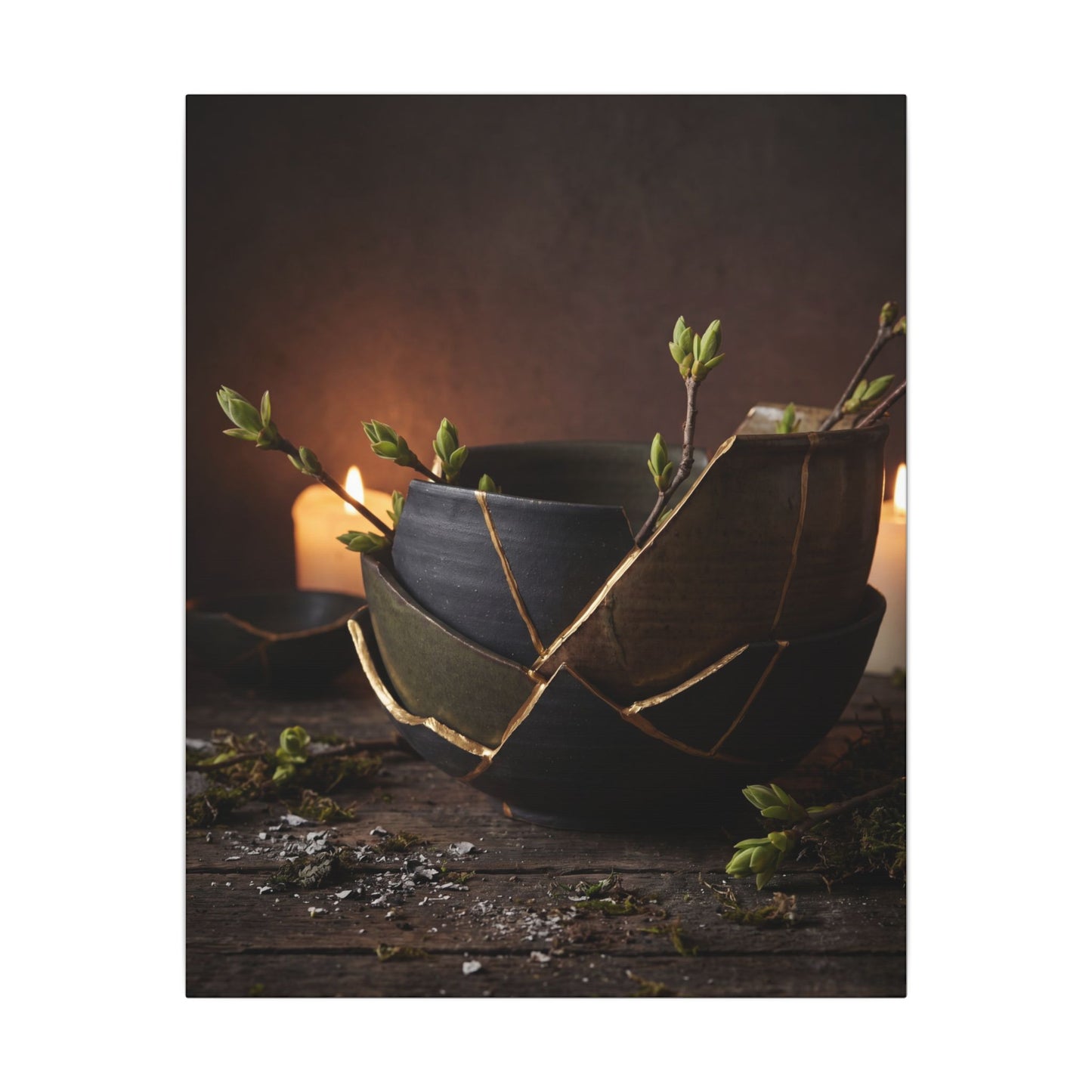 Broken Pottery Spring Canvas Art | Dark Japandi Luxurious Design
