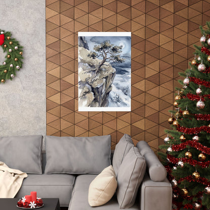 Japandi Pine Tree in Moonlight | Watercolor Wall Art Print