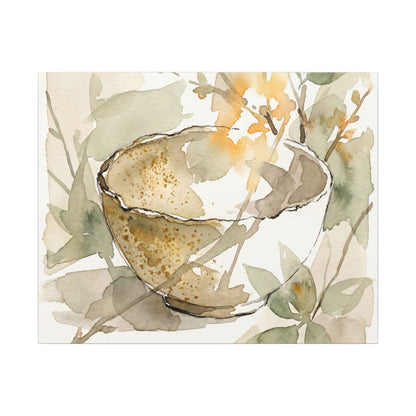 Spring Ceramic Bowl Watercolor Canvas Art | Neutral Decor