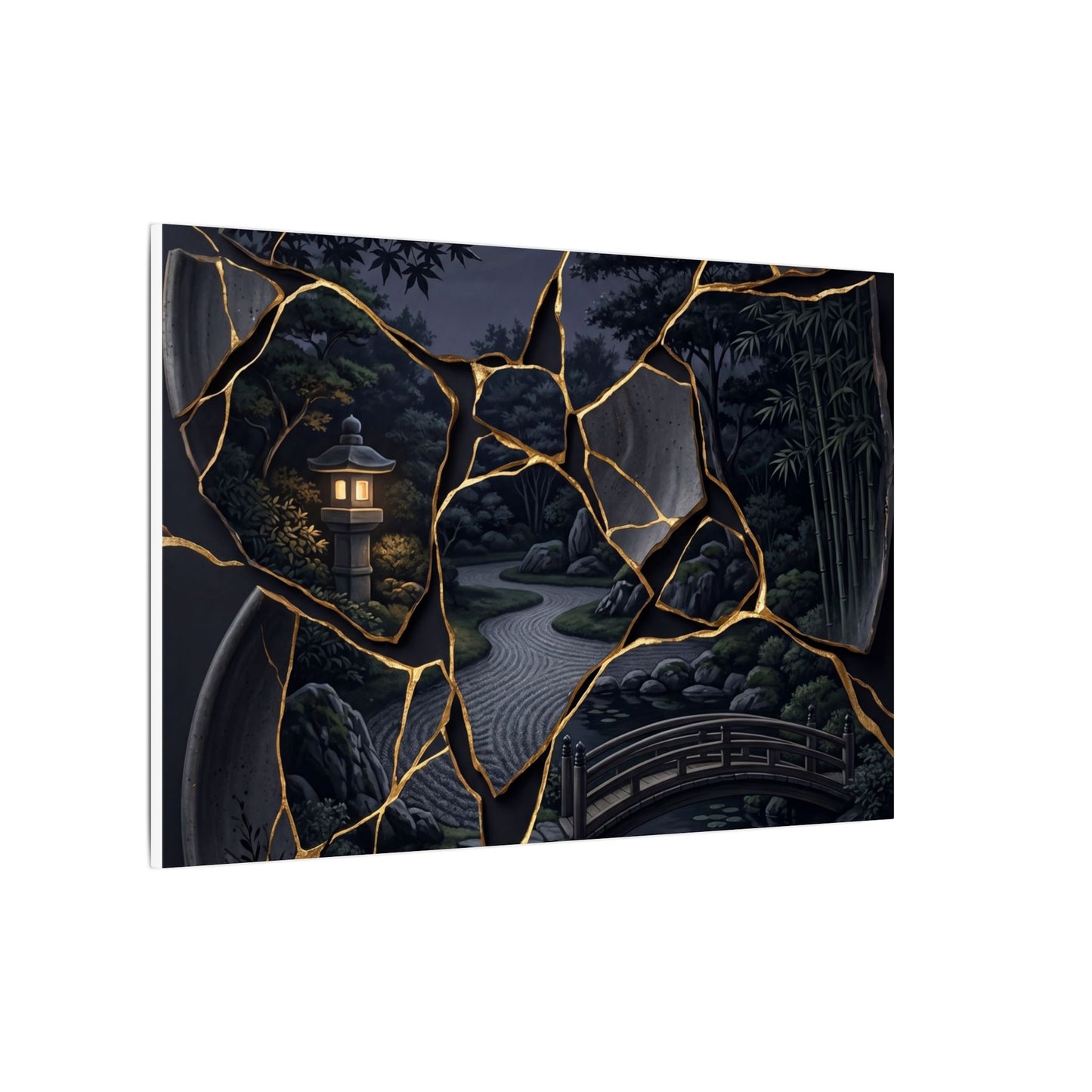 Kintsugi Moonlit Garden in Golden Hour | Gold Repair Canvas Art