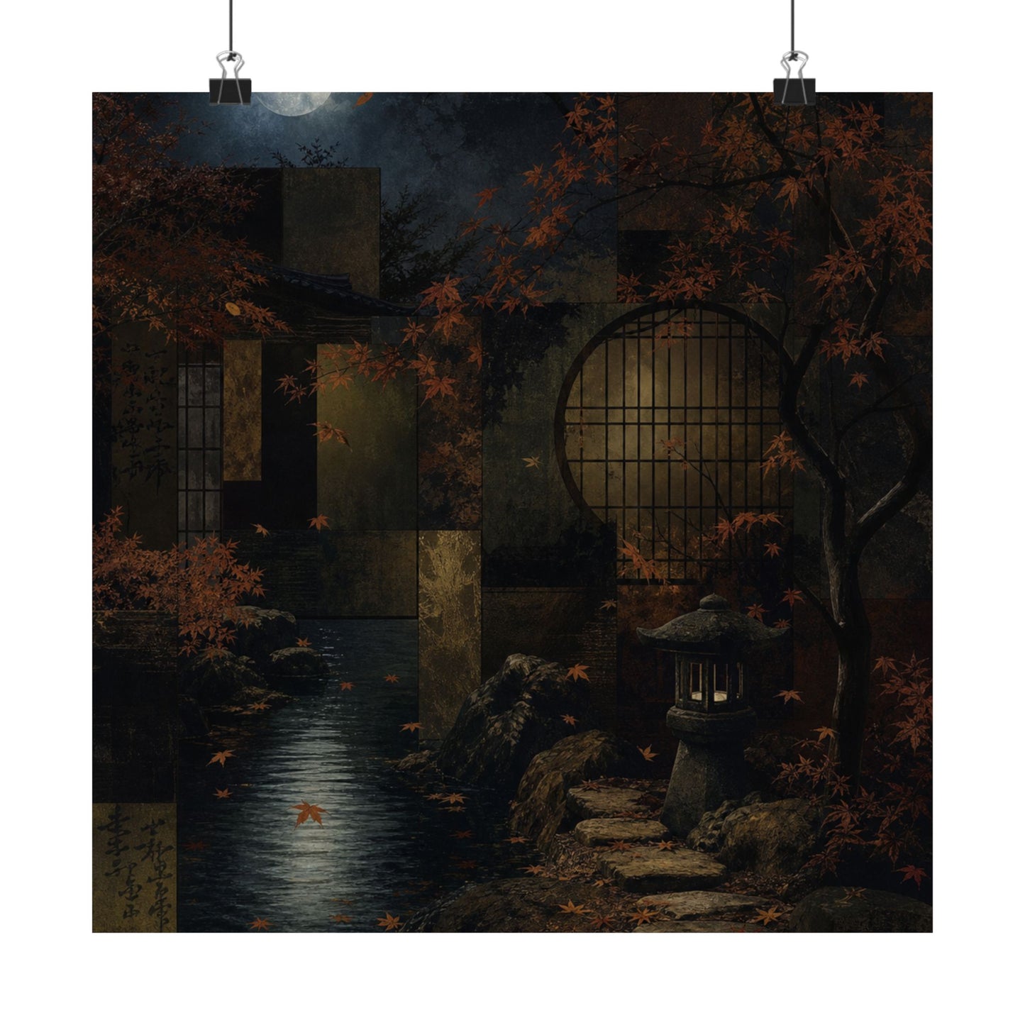 Moonlit Garden Shadow Zen Wall Art Print | Moody Dark Japandi Art