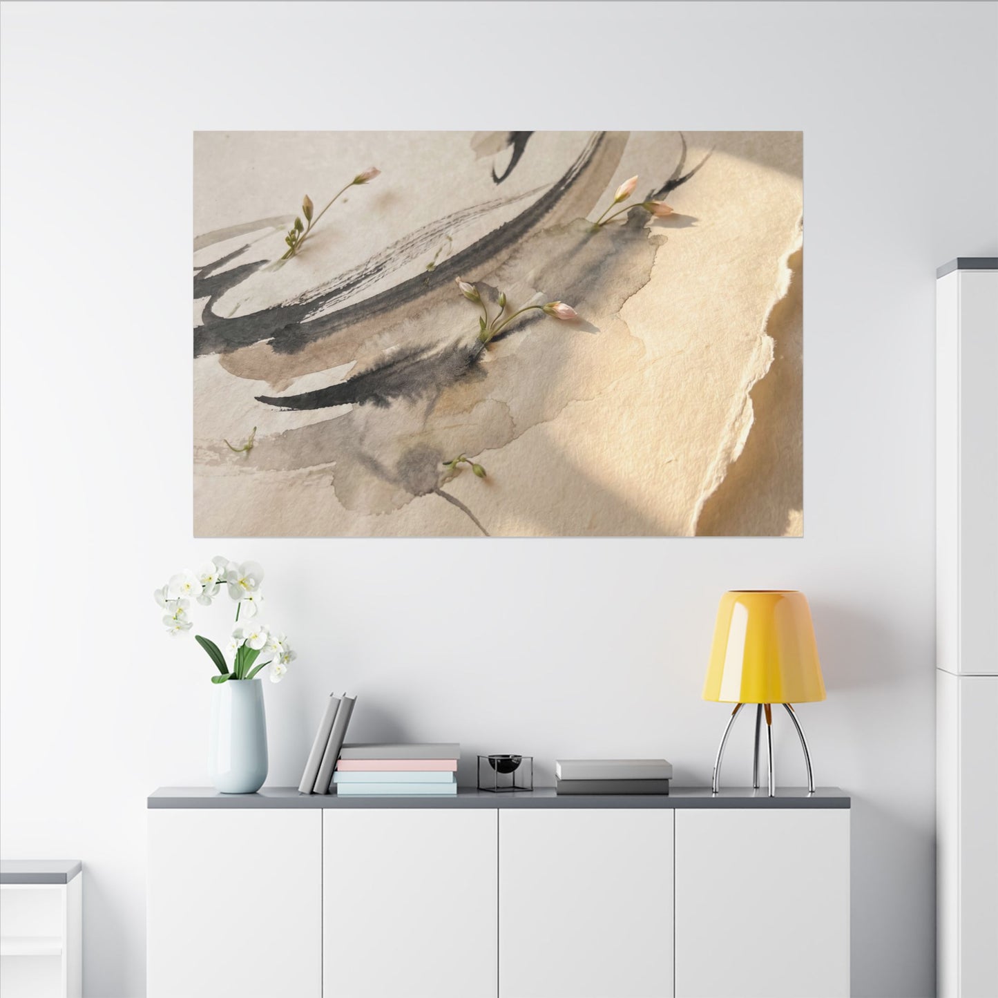 Ink Brushstroke Watercolor Canvas Art | Neutral Japandi Art