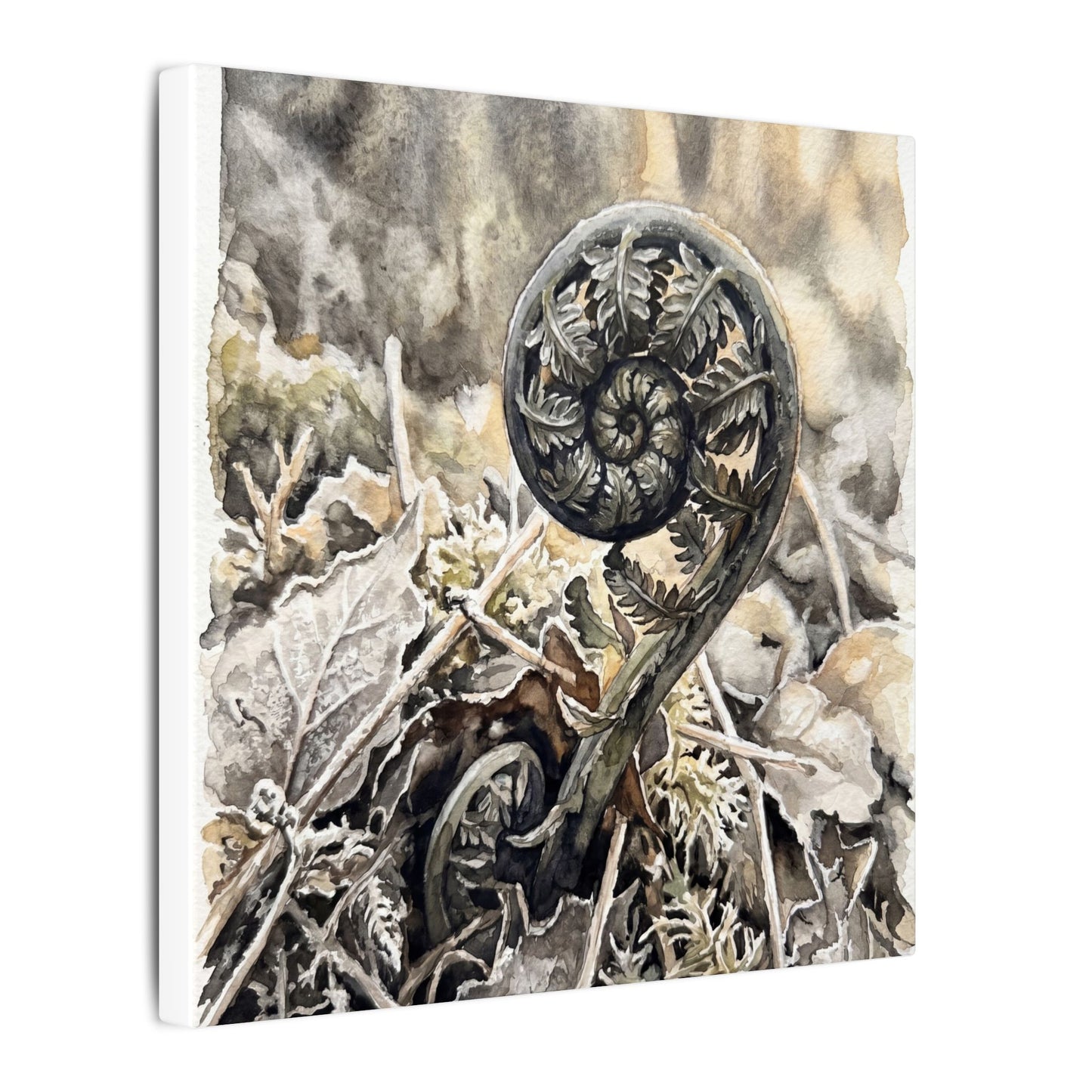 Japandi Fern Unfurling in Golden Hour | Watercolor Canvas Art