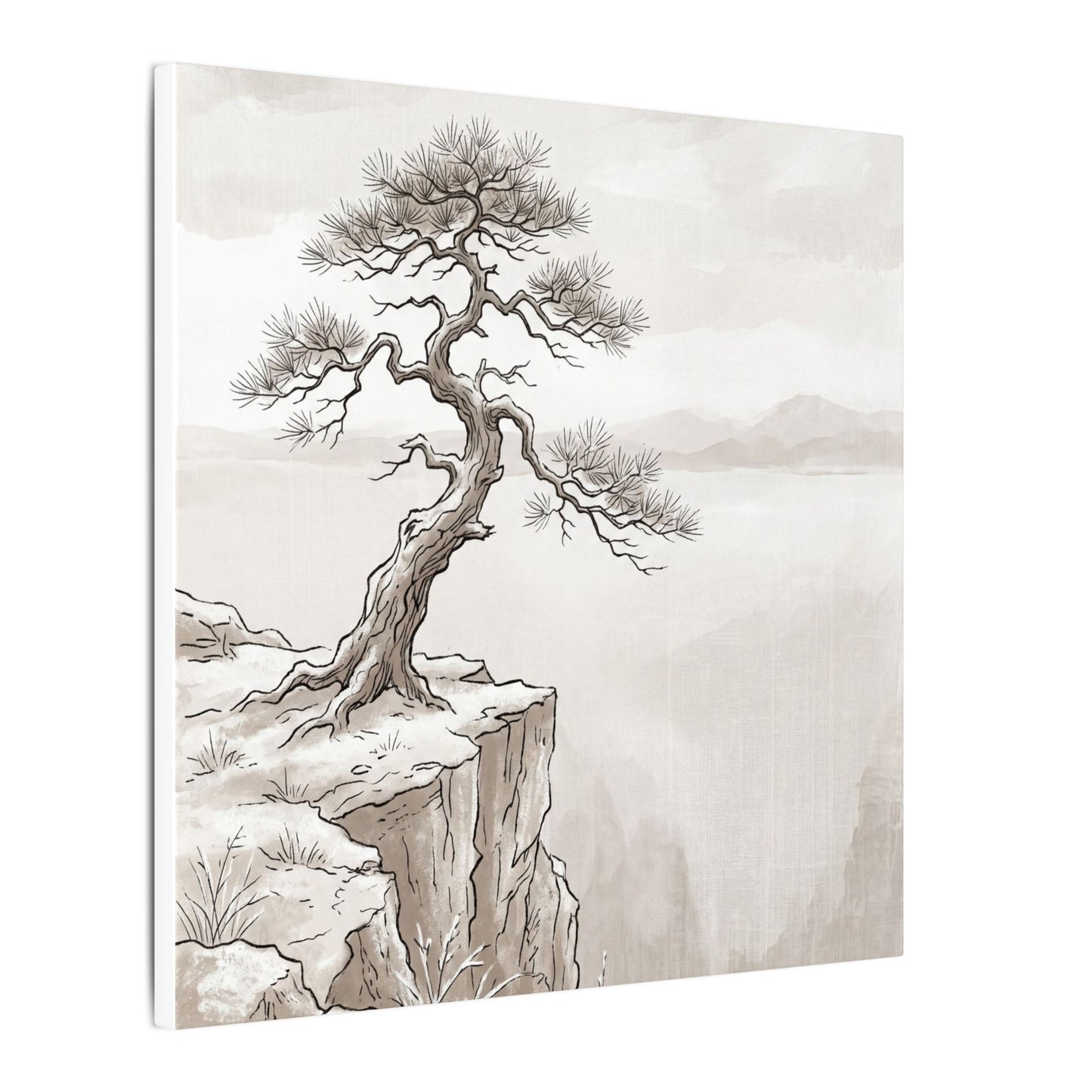 Neutral Pine Tree Canvas Art - Minimal Line Japandi