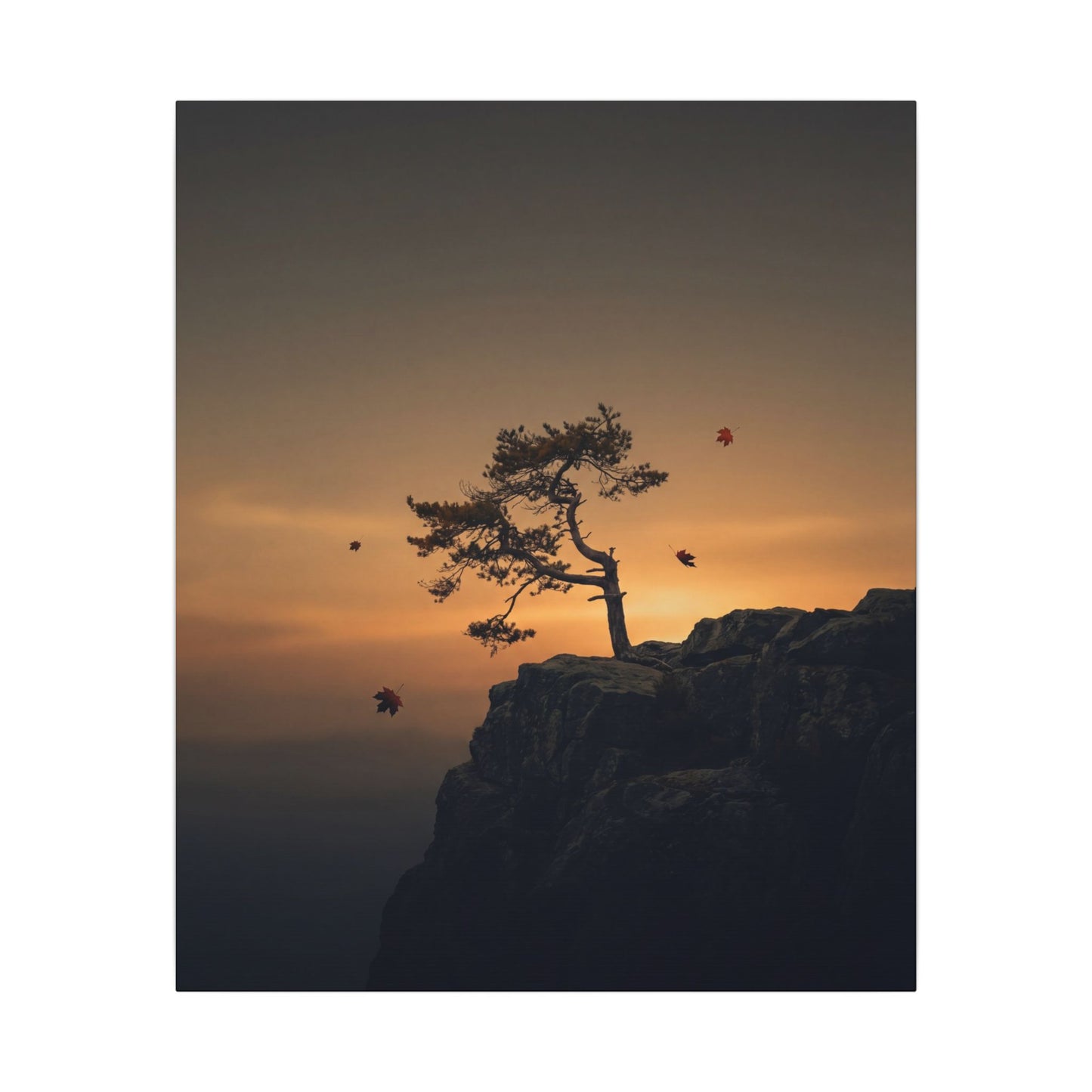 Dark Japandi Pine Tree in Golden Hour | Moody Minimal Canvas Art