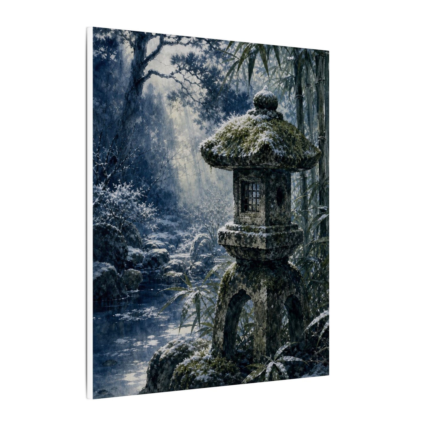 Zen Stone Lantern in Dappled | Sumi E Canvas Art
