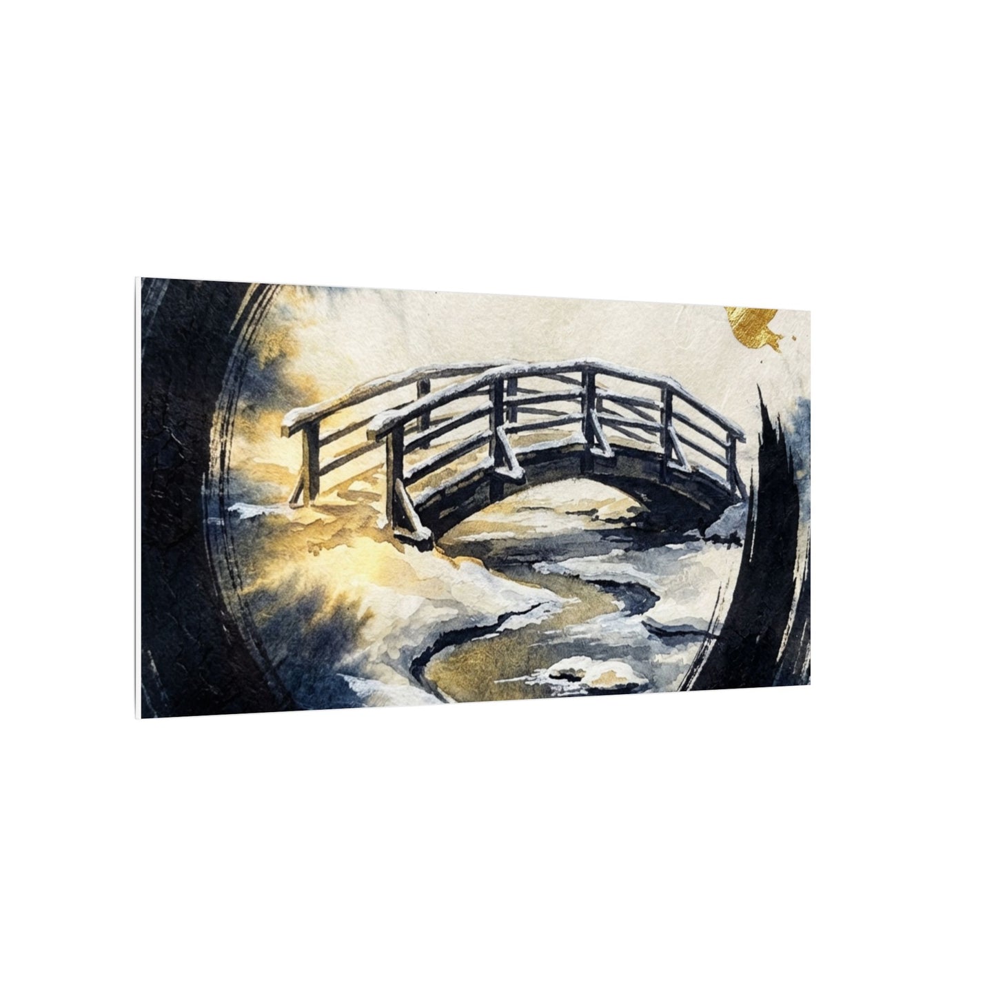 Winter Wooden Bridge Enso Canvas Art | Serene Decor