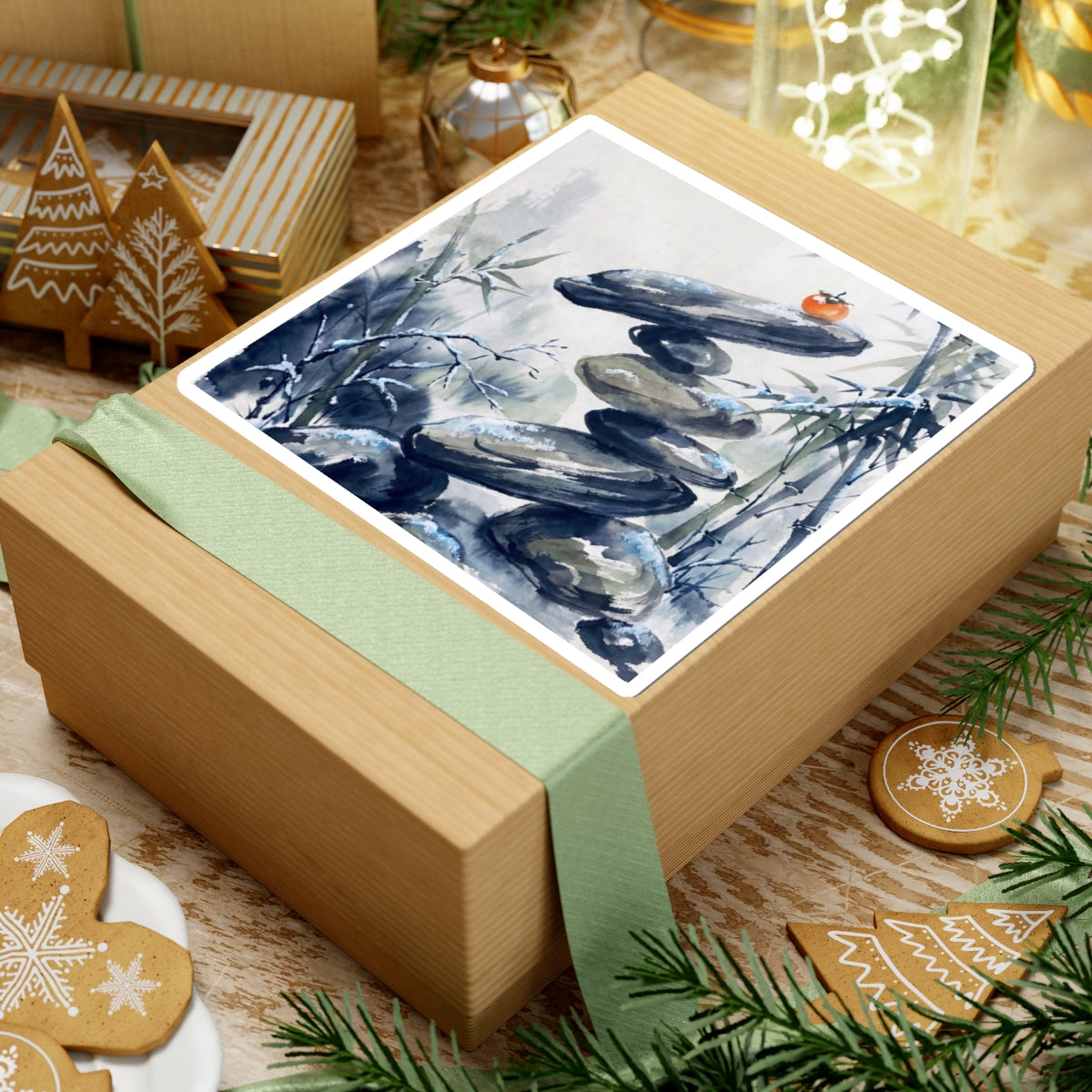 Zen River Stones in Moonlight | Sumi E Sticker Art Print