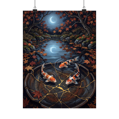 Kintsugi Koi Pond in Moonlight | Gold Repair Wall Art Print