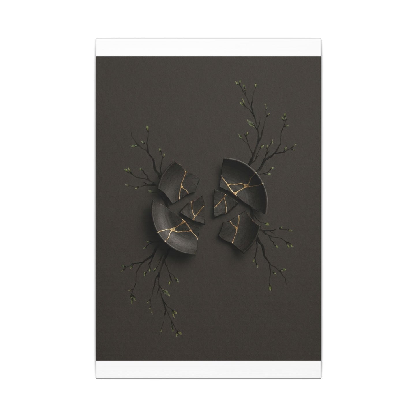 Sophisticated Broken Pottery Canvas Art - Charcoal Ink Dark Japandi