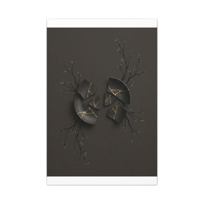 Sophisticated Broken Pottery Canvas Art - Charcoal Ink Dark Japandi