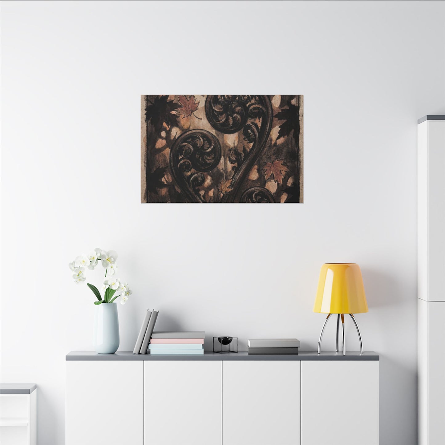 Mono No Aware Fern Unfurling Canvas Art - Dark Japandi Charcoal Ink
