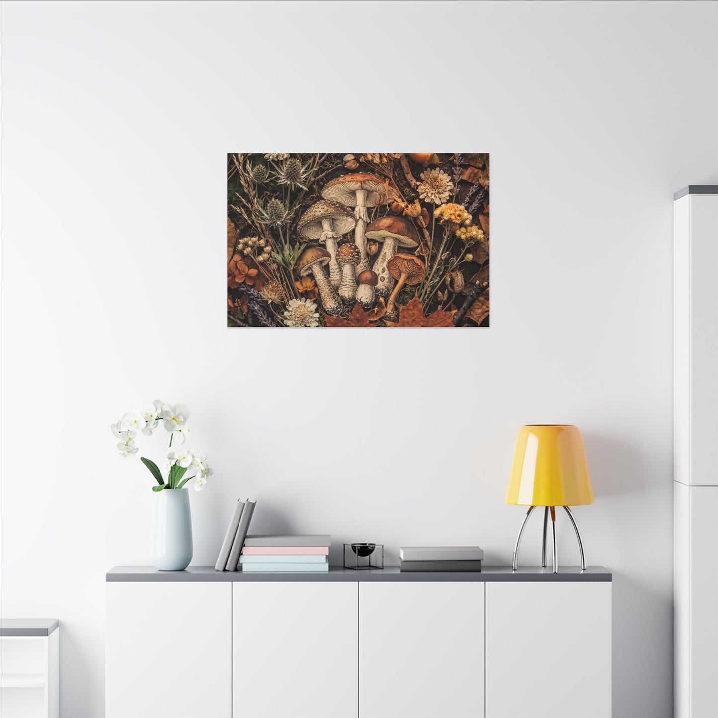 Autumn Dried Flowers Mushroom Illustration Canvas Art | Earthy Decor