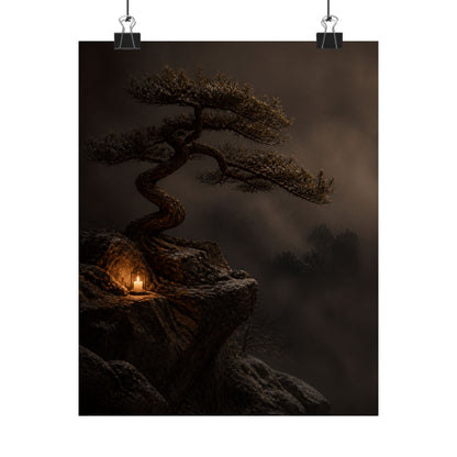 Candlelight Pine Tree Wall Art Print - Dark Japandi Kanso