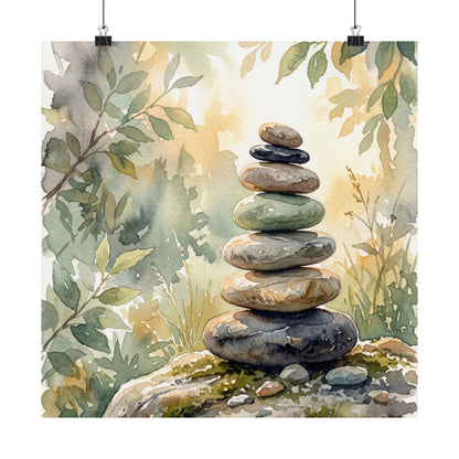 River Stones Wall Art Print | Summer Japandi Watercolor Art
