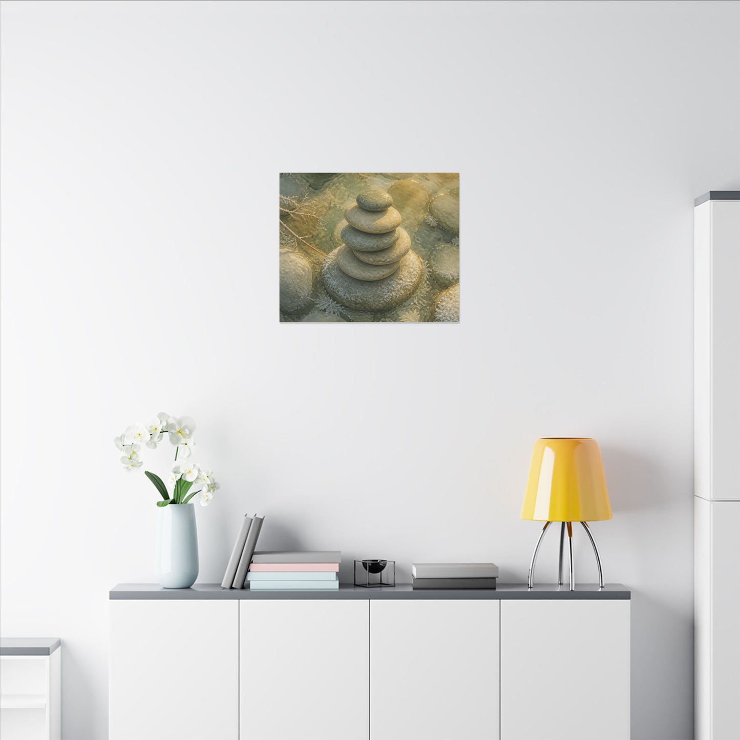 River Stones Watercolor Canvas Art | Elegant Japandi Art