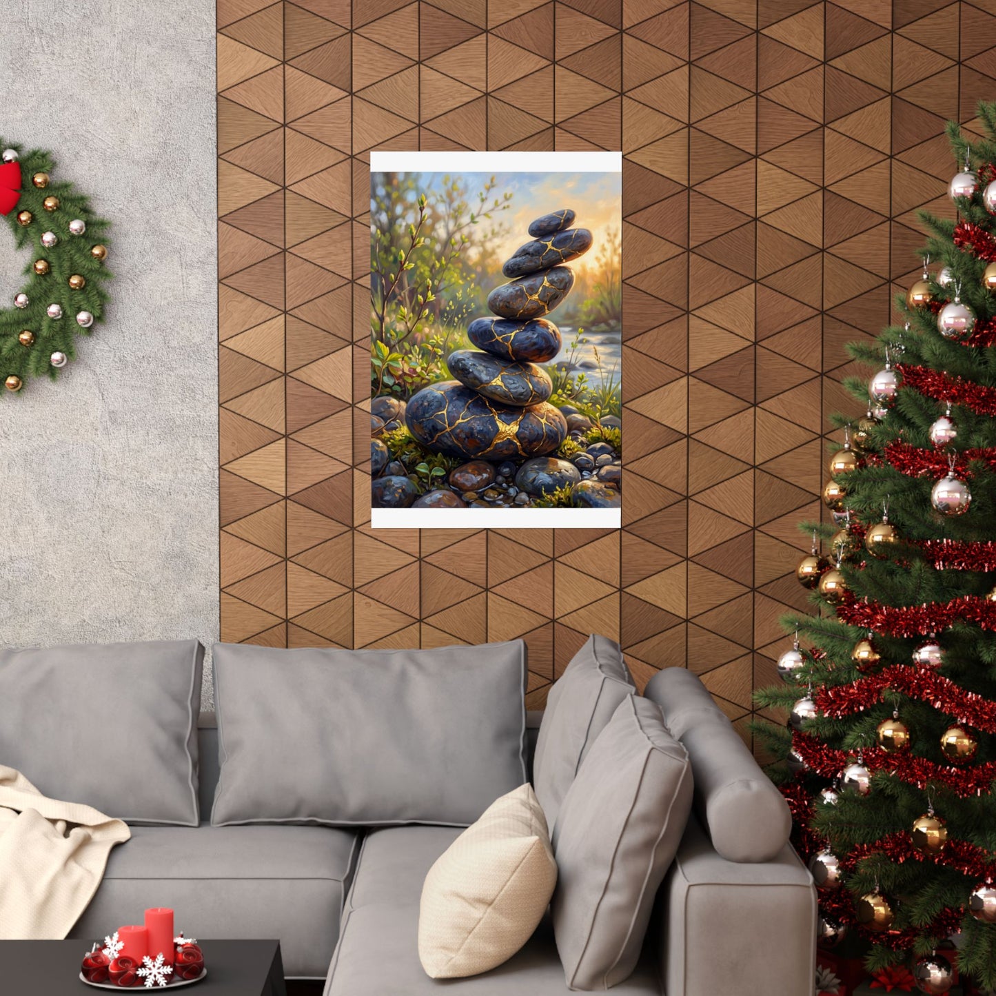 River Stones Wall Art Print | Spring Kintsugi Gold Repair Art